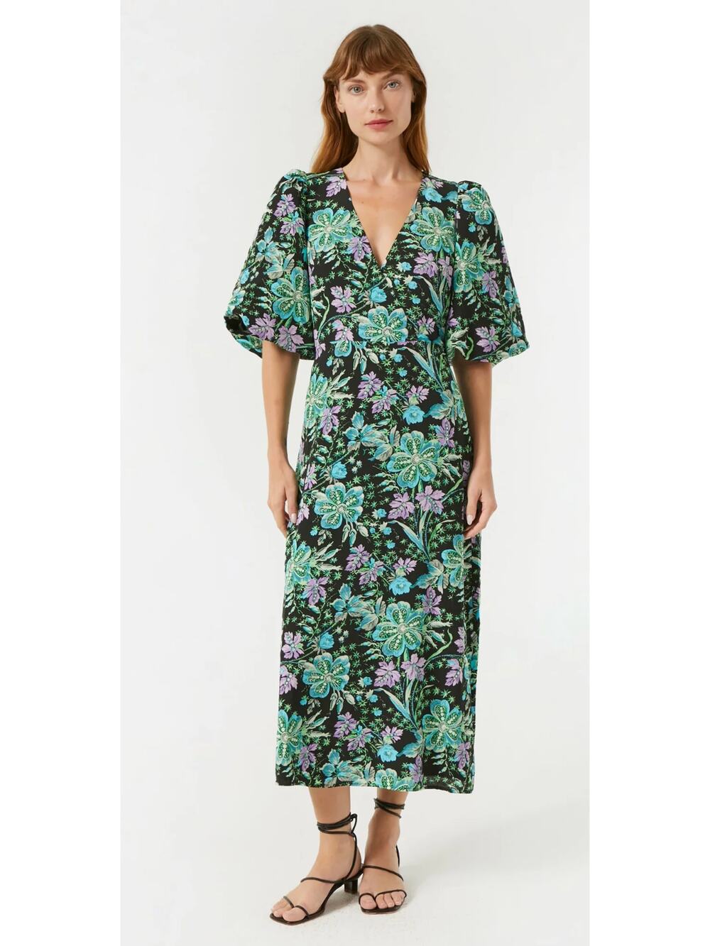 Rhode V Neck Floral Ina Midi Dress Hibiscus Women Size 4 New Bubble Short Sleeve